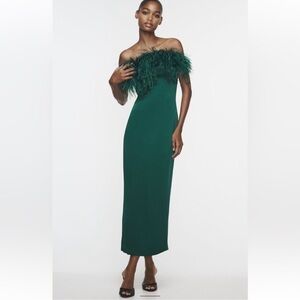 Zara Strapless Green Satin Dress with Oatrich Feather Detail NEW Sz L
